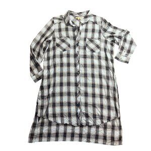 Democracy‎ Plaid Shirt Dress Womens Plus Size 2X Blue Cotton Raw Edge Pockets